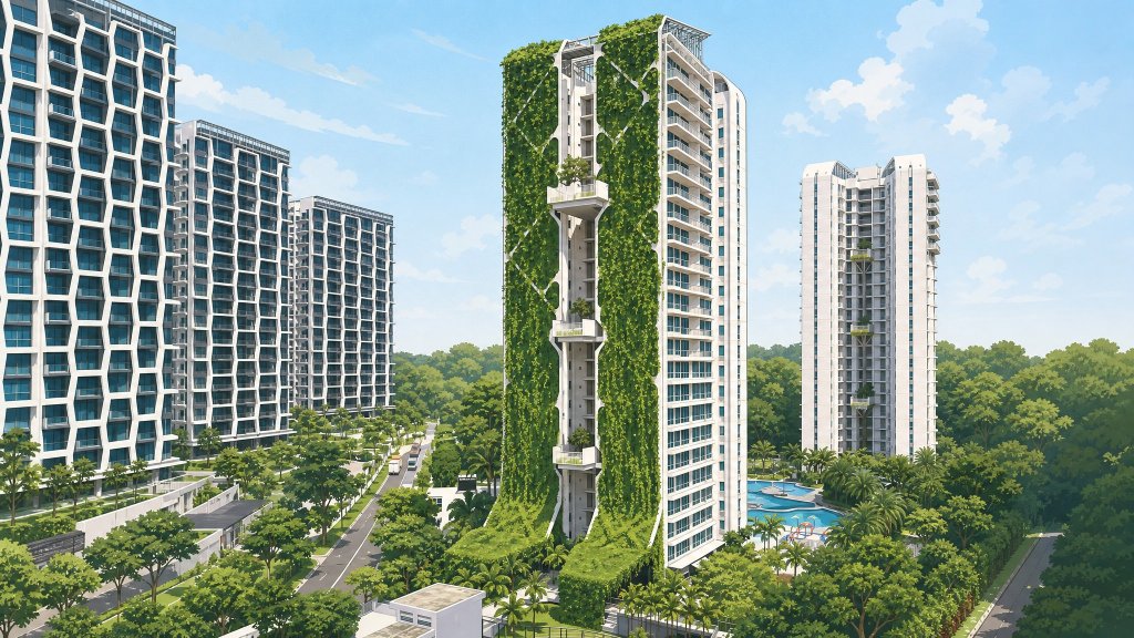 Tree House towers and the planted facade from above