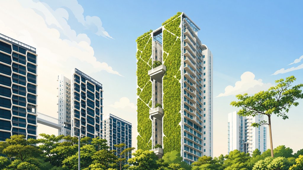 Tree House towers and green wall from the street