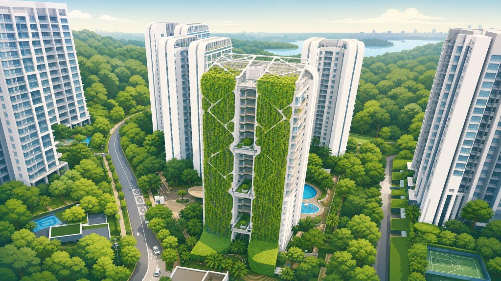 Tree House aerial view of the towers and the reservoir