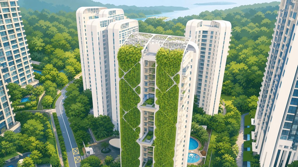 Tree House aerial view of the towers amid the forest