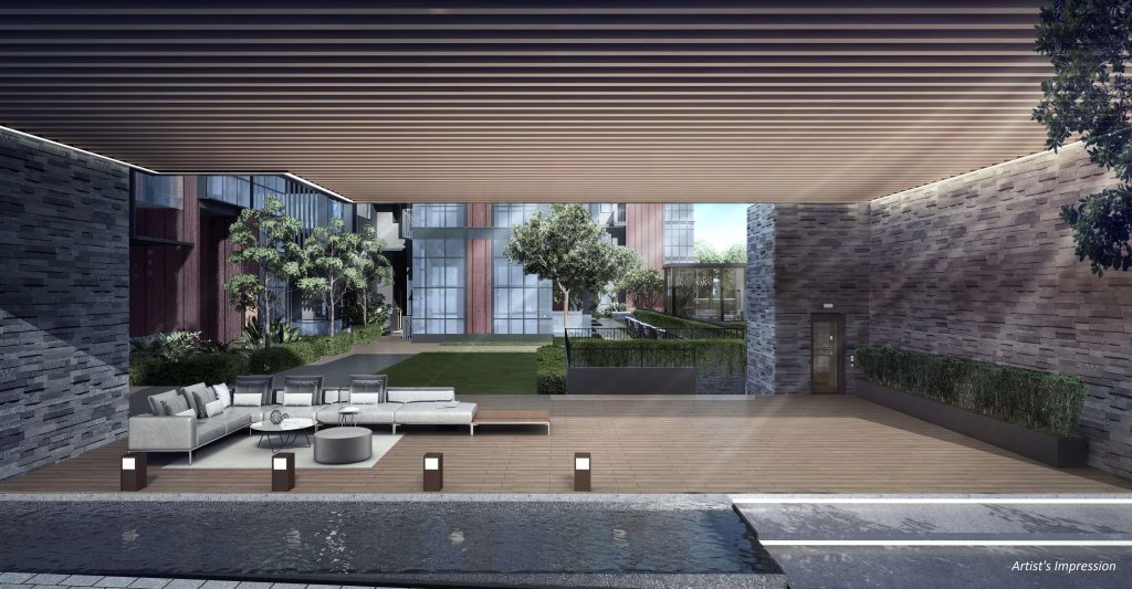 View at Kismis arrival courtyard with water feature and lounge seats