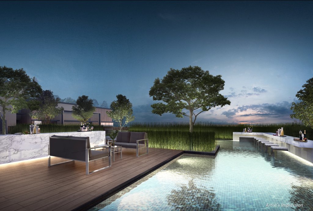 View at Kismis pool deck and lounge at dusk