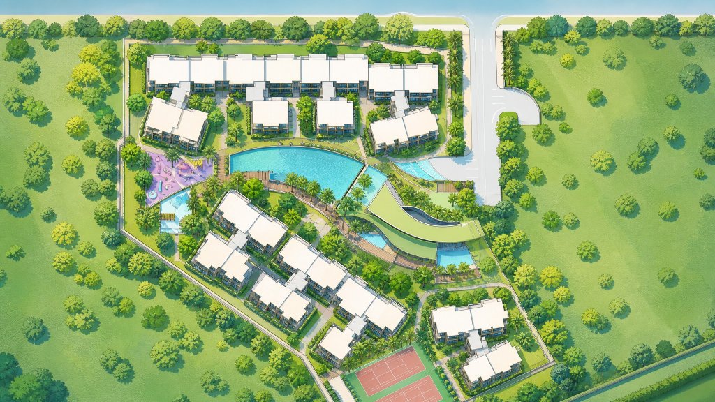 Waterfront Waves aerial illustration of the site and facilities