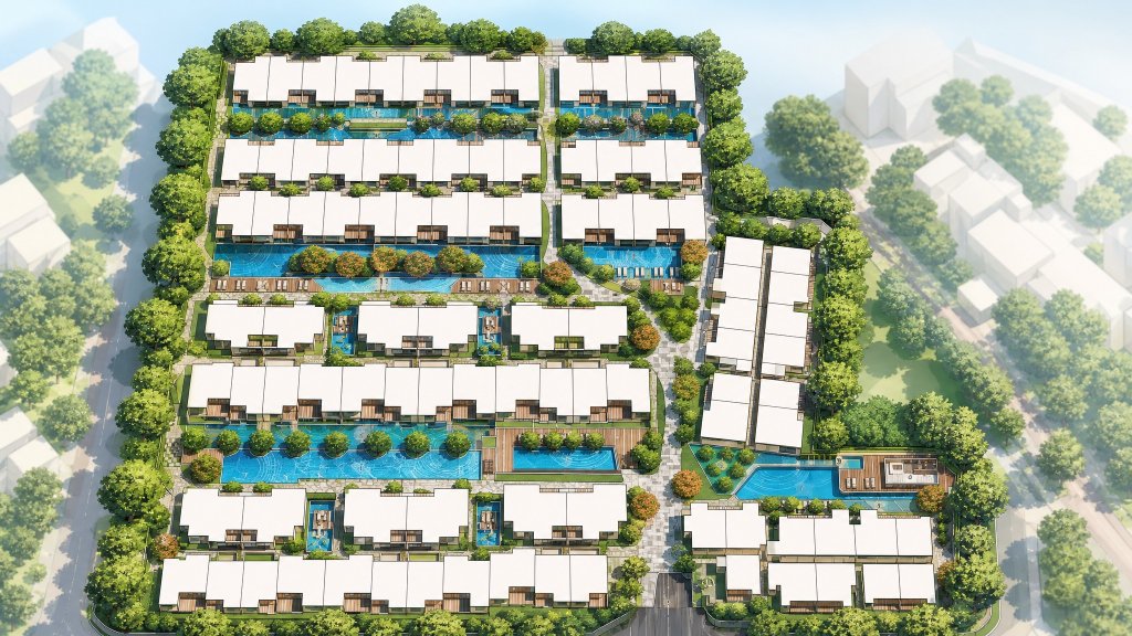 Woodhaven illustrated site plan showing the blocks and swimming pools, Woodlands, Singapore