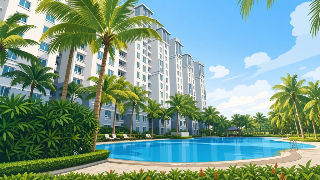 Yishun Sapphire swimming pool and blocks framed by palms