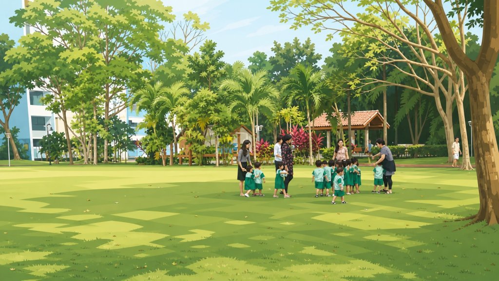 Family in East Coast Park beside the Bayshore precinct and its planned school and transport hub