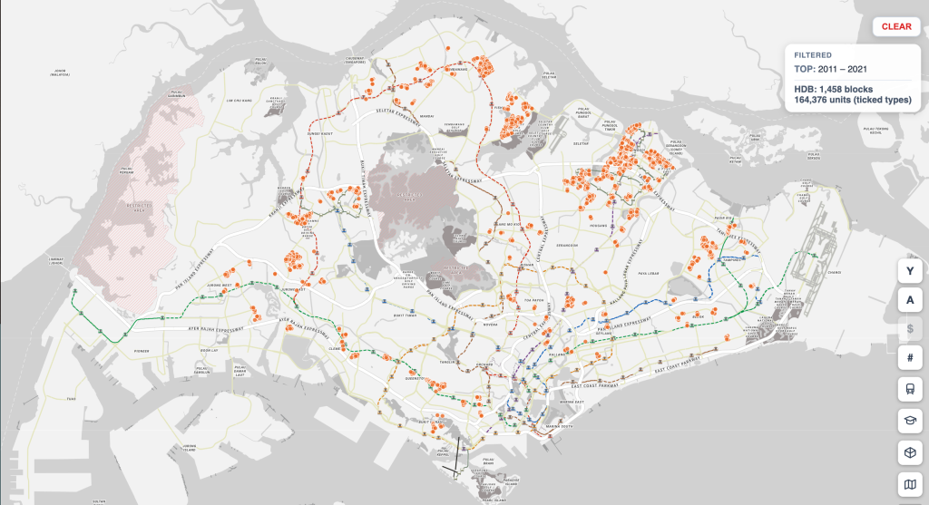 Map of Singapore showing the 1,458 HDB blocks completed 2011 to 2021 that hold the 164,376-flat active upgrader pool