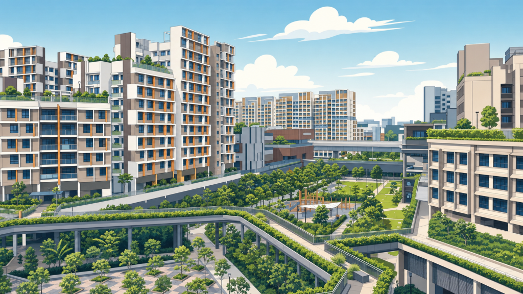 New BTO precinct in Singapore with playground and greenery, 1 cohort of future HDB upgraders being built