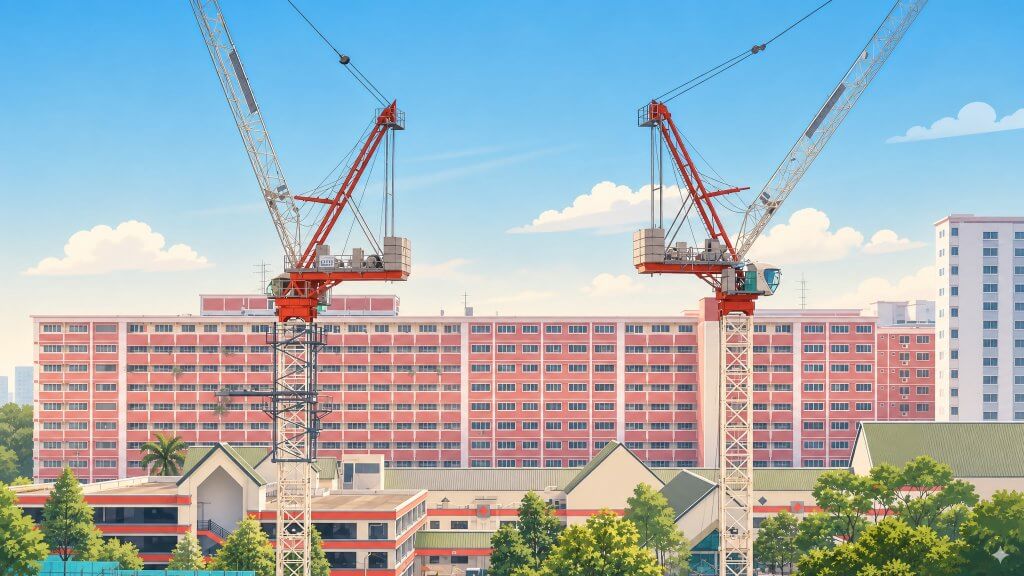 Tower cranes over an HDB estate - new housing supply under construction