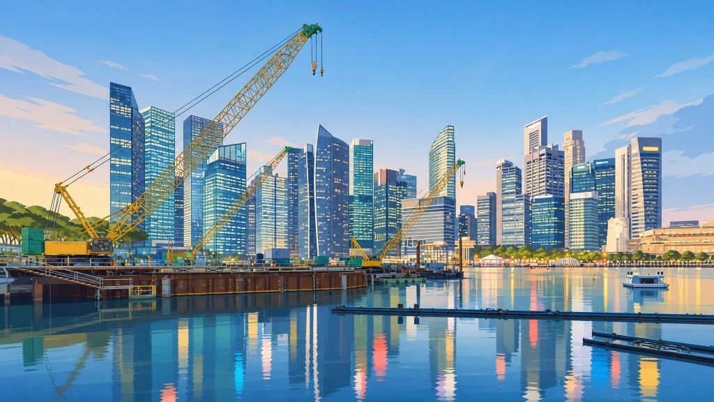 Construction cranes against the Singapore CBD skyline
