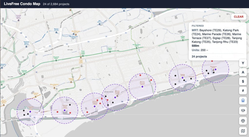 164 projects sit within 500m of the seven Thomson-East Coast Line coastal stations
