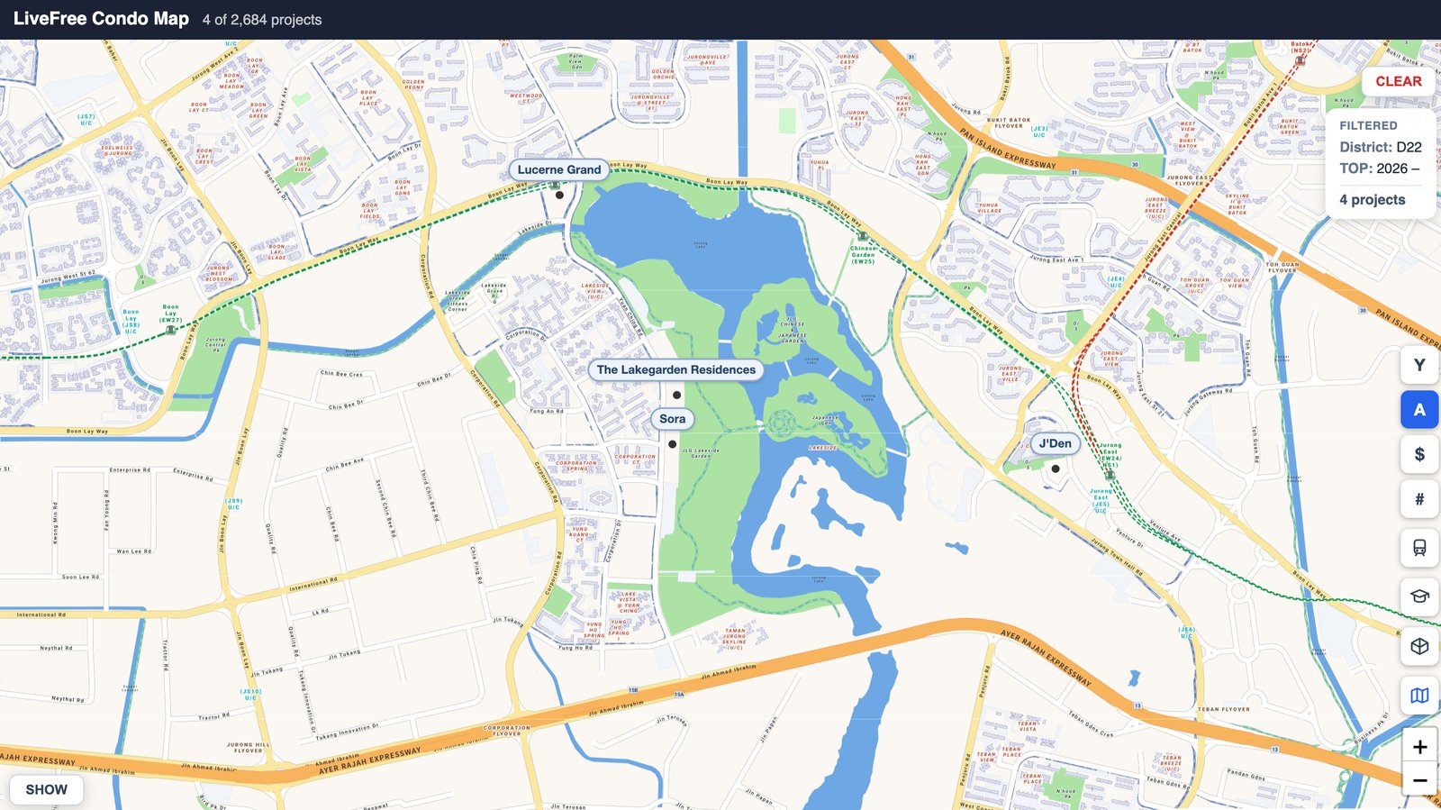 LiveFree condo map to District 22 and TOP 2026 onwards, and only four Jurong new launch names remain