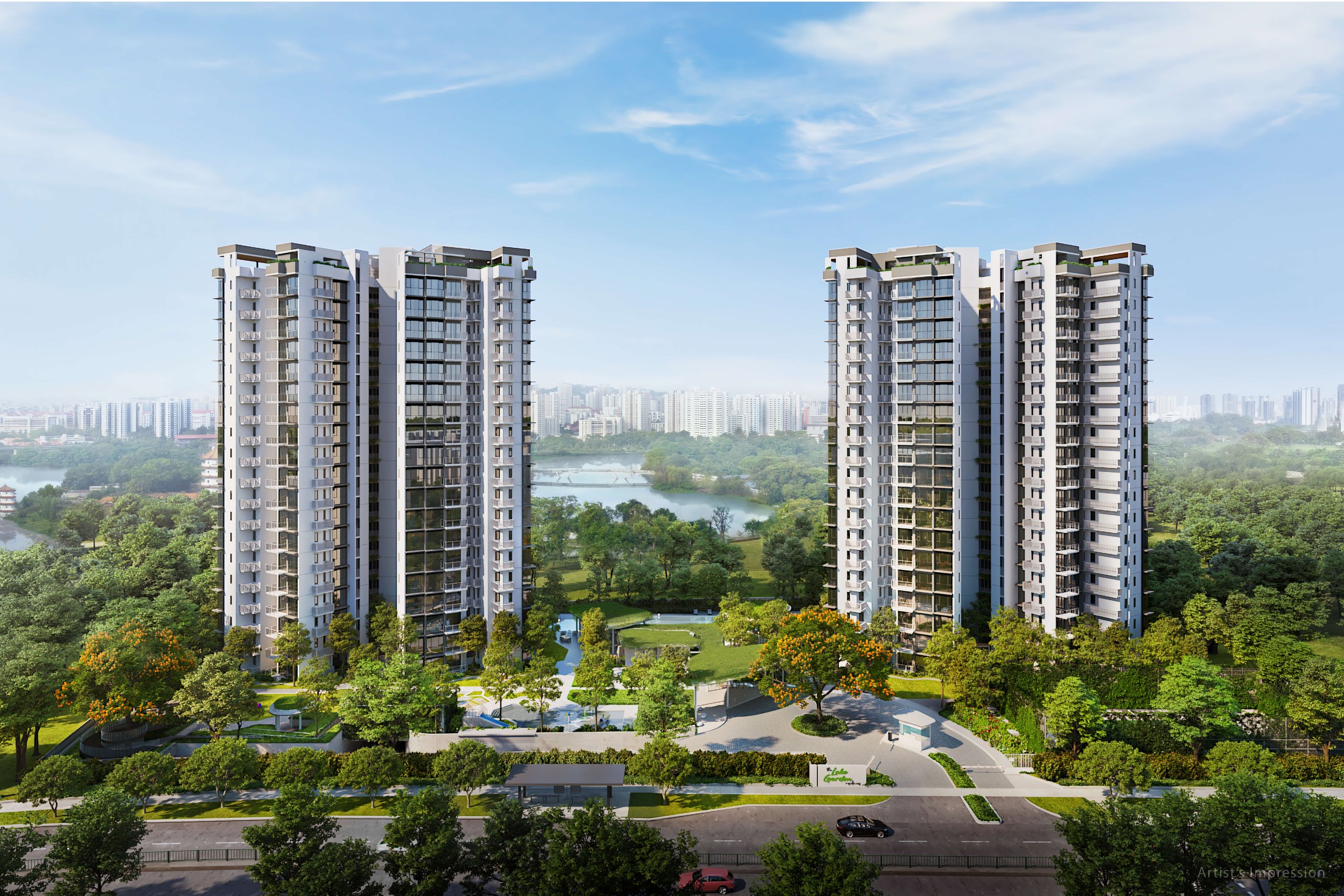 The LakeGarden Residences' two towers over Jurong Lake, the view half of the Lucerne Grand vs LakeGarden choice