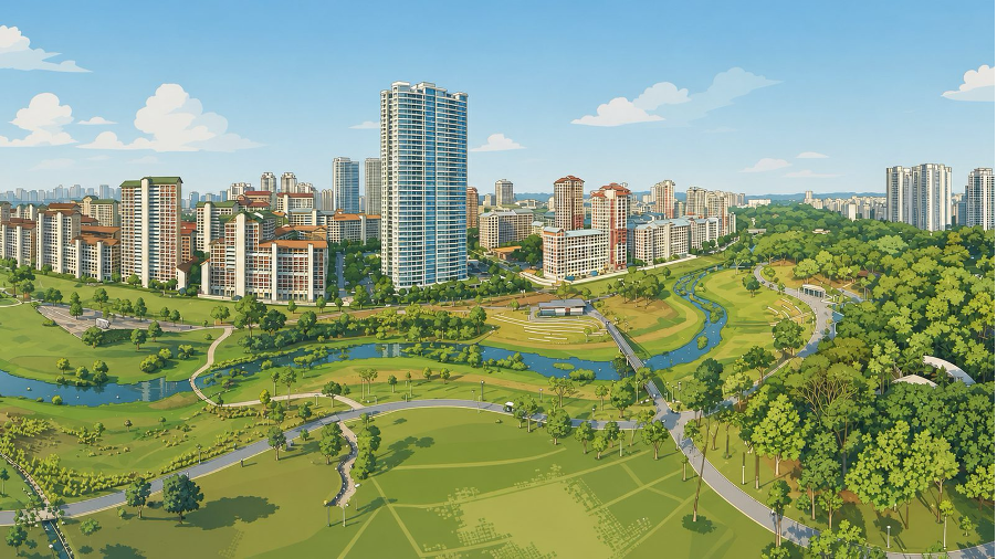 Aerial view of Bishan town and Bishan-Ang Mo Kio Park, the setting for every Bishan condo
