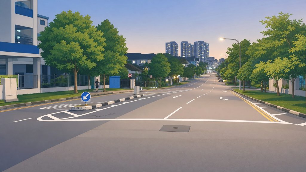 Kovan Road at night, the retail spine serving the Hougang condo belt