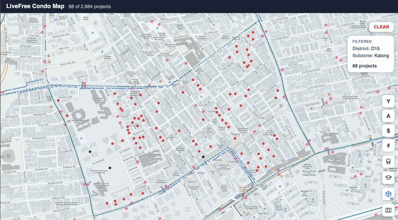 All 88 Katong condo projects in the subzone on the LiveFree condo map