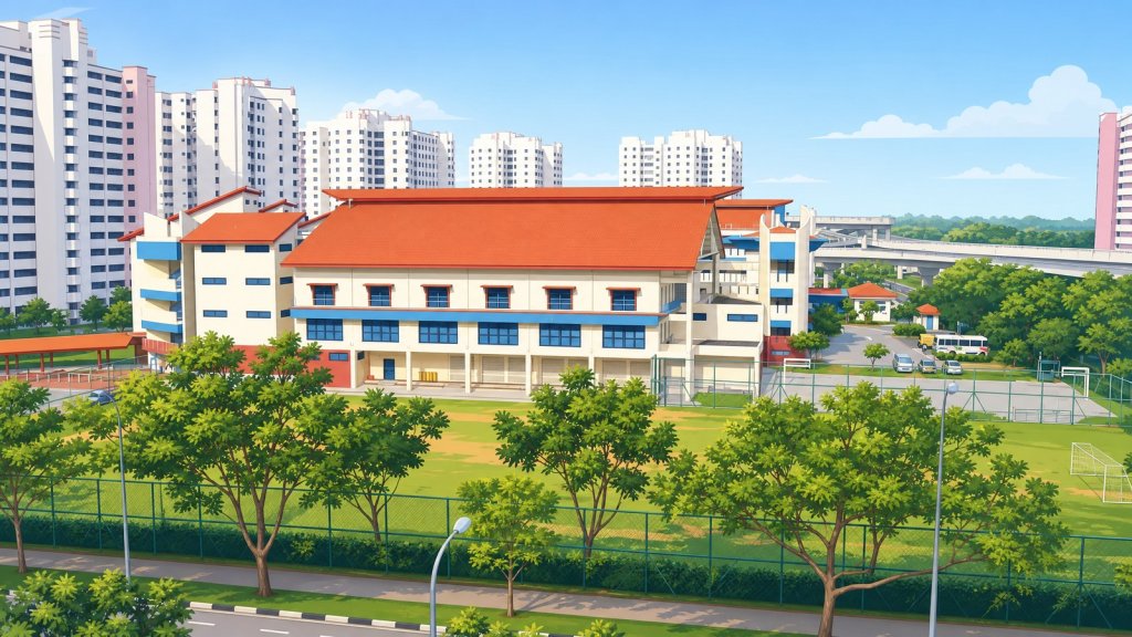A primary school ringed by HDB flats, showing why the 1km proximity rule matters more as the parent volunteer scheme shrinks