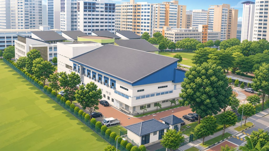A primary school beside HDB blocks, illustrating how Phase 2B and the parent volunteer scheme work together