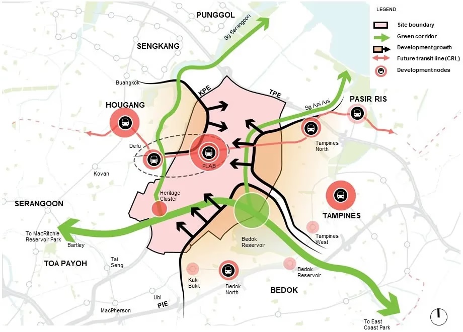 Paya Lebar Air Base plan showing the site boundary, development nodes and green corridors linking MacRitchie Reservoir Park to East Coast Park, with the future Cross Island Line