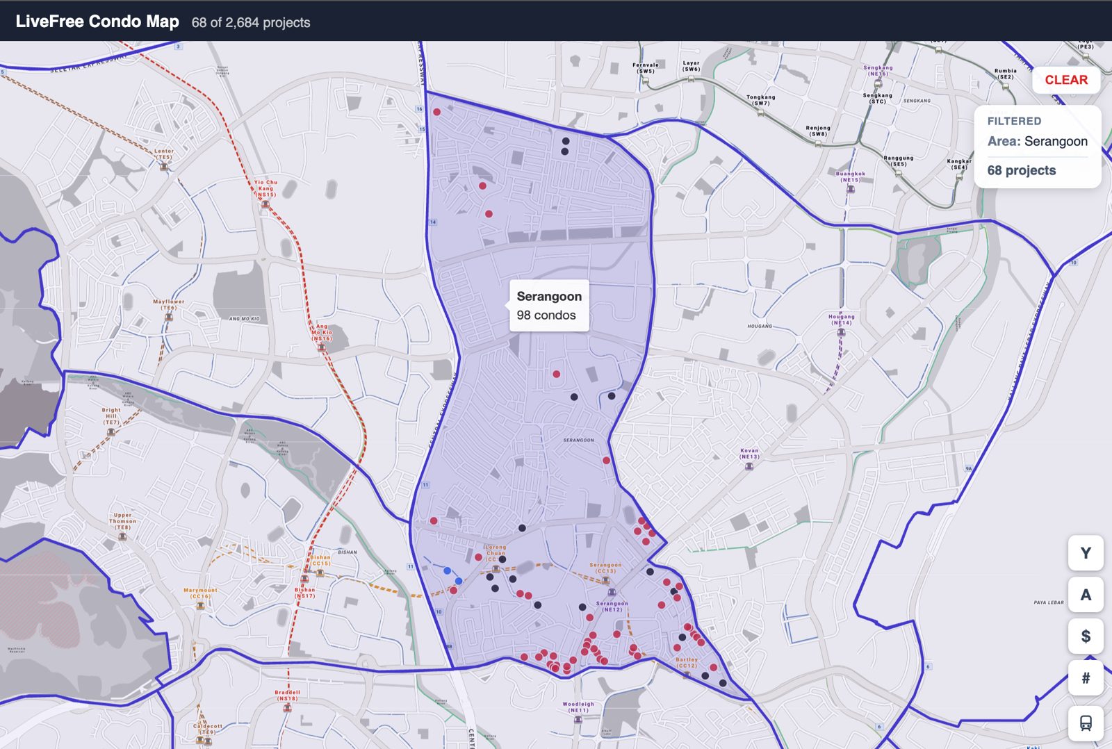 All 68 private projects in the Serangoon planning area on the LiveFree condo map