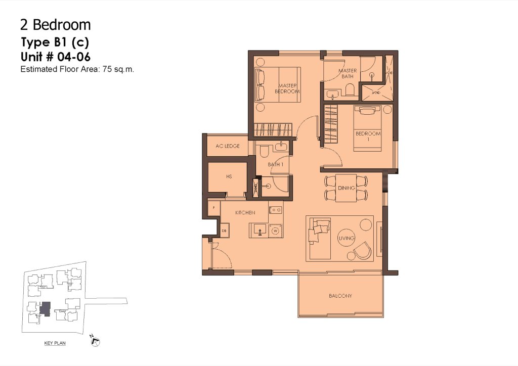 10 Evelyn 2 bedroom 1 bathroom floor plan, 807 sqft, Type B1c
