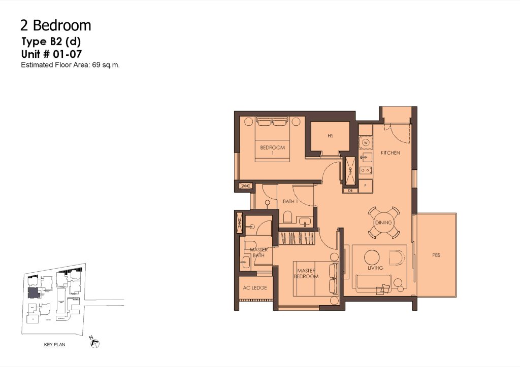 10 Evelyn 2 bedroom 2 bathroom with study floor plan pes, 743 sqft, Type B2d PES