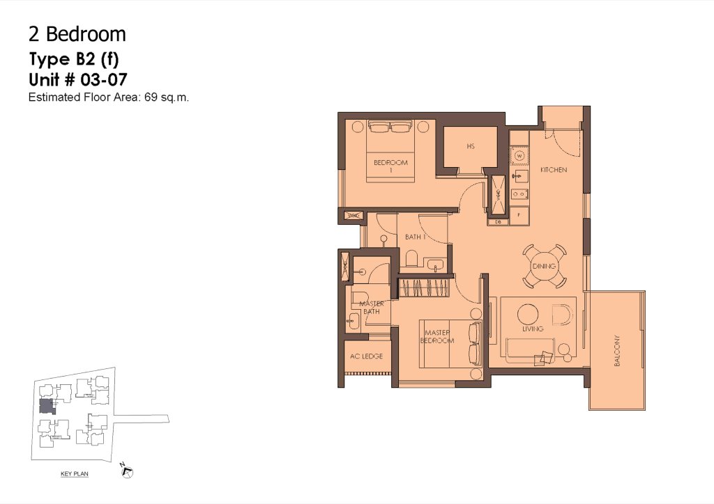 10 Evelyn 2 bedroom 2 bathroom with study floor plan, 743 sqft, Type B2f