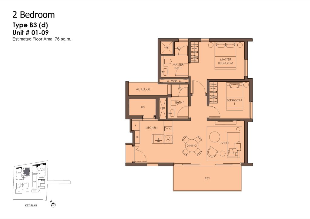 10 Evelyn 2 bedroom 2 bathroom with study floor plan pes, 818 sqft, Type B3d PES