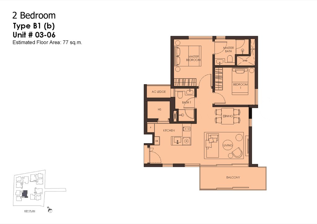 10 Evelyn 2 bedroom 2 bathroom with study floor plan, 829 sqft, Type B1b