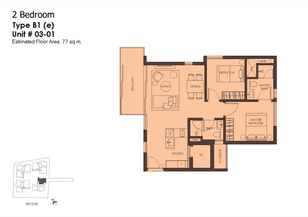 10 Evelyn 2 bedroom 2 bathroom with study floor plan, 829 sqft, Type B1e