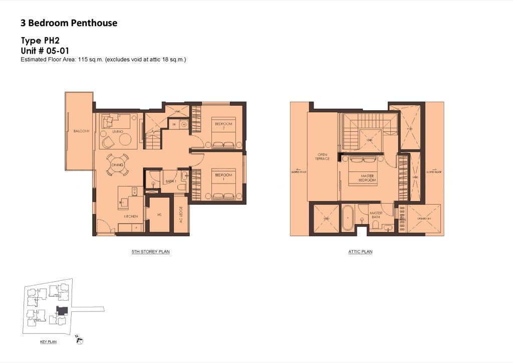 10 Evelyn 3 bedroom 2 bathroom with study penthouse floor plan, 1,432 sqft, Type PH2
