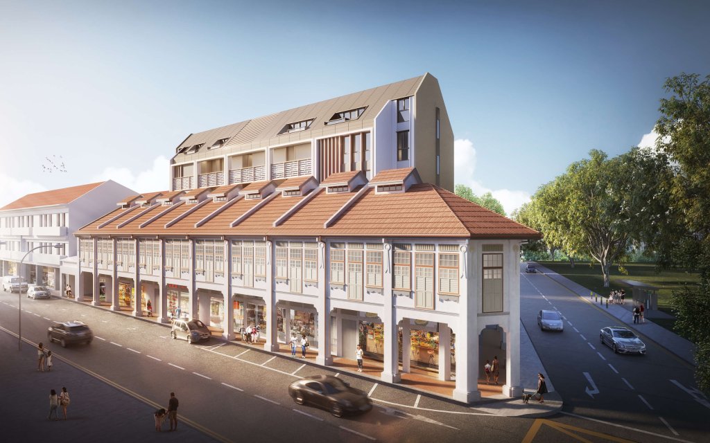Atlassia conserved shophouses along the road, Geylang, Singapore