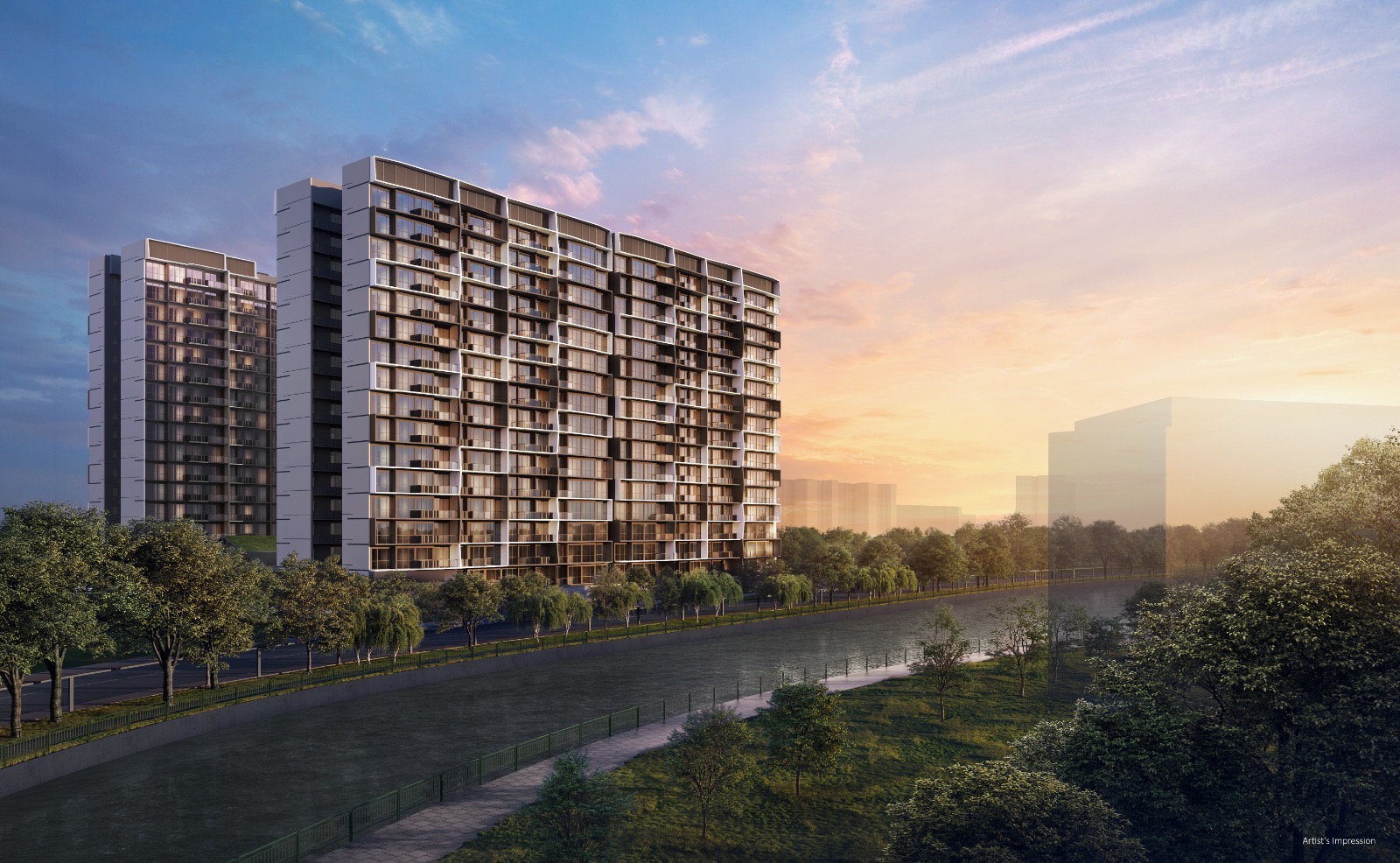 Lucerne Grand floor plan guide: artist's impression of the blocks beside the lakeside park connector in Jurong
