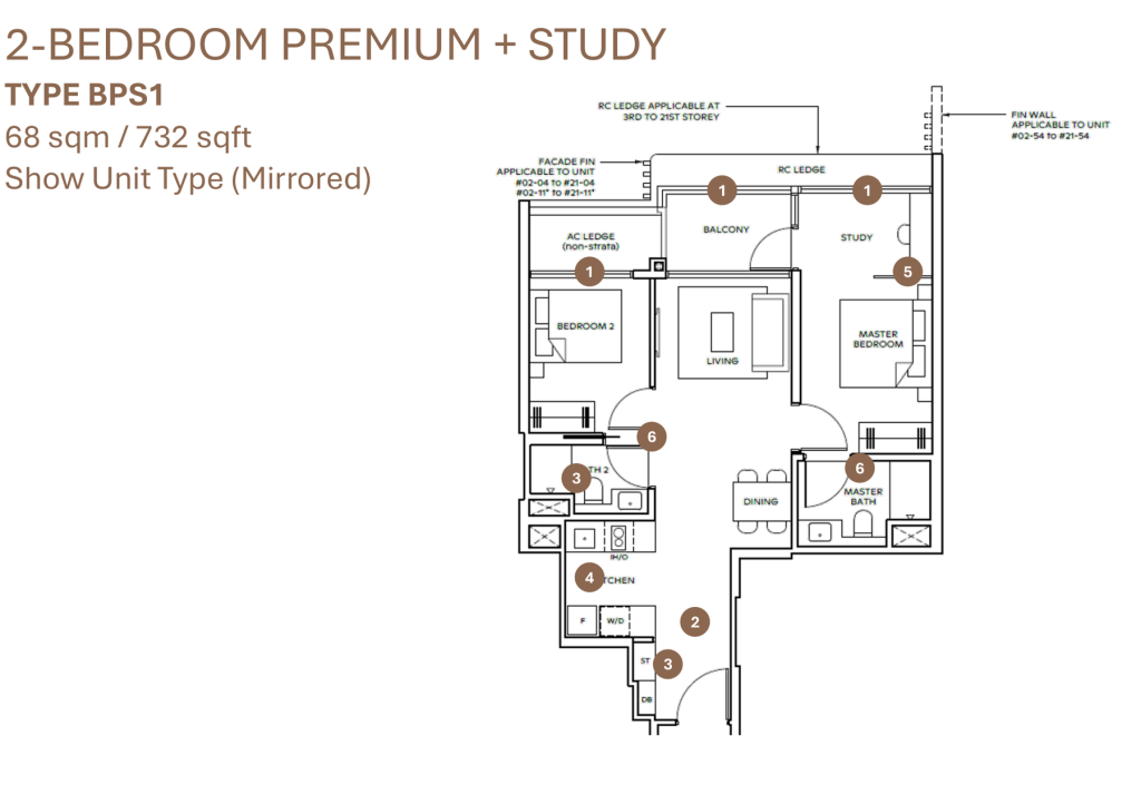 Thomson Reserve floor plans, type BPS1 2-bedroom premium plus study at 732 sqft