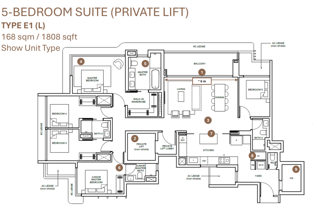 Thomson Reserve floor plans, type E1 5-bedroom suite at 1,808 sqft with 6m frontage