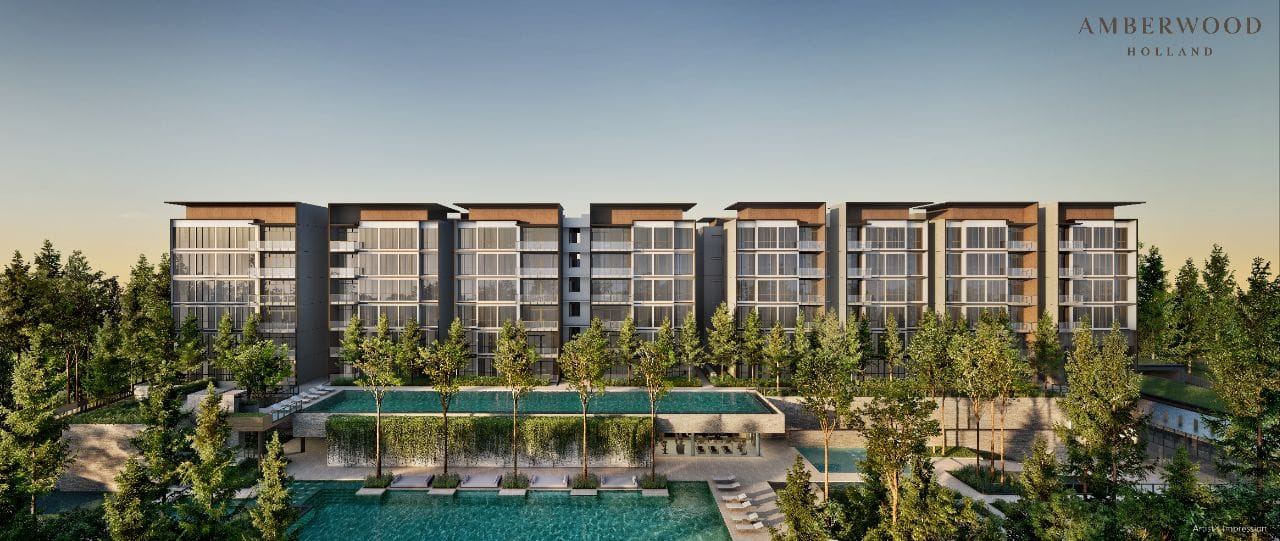 Amberwood at Holland, 11 low-rise blocks and 2 pools seen from the front, launching at $2,945 psf