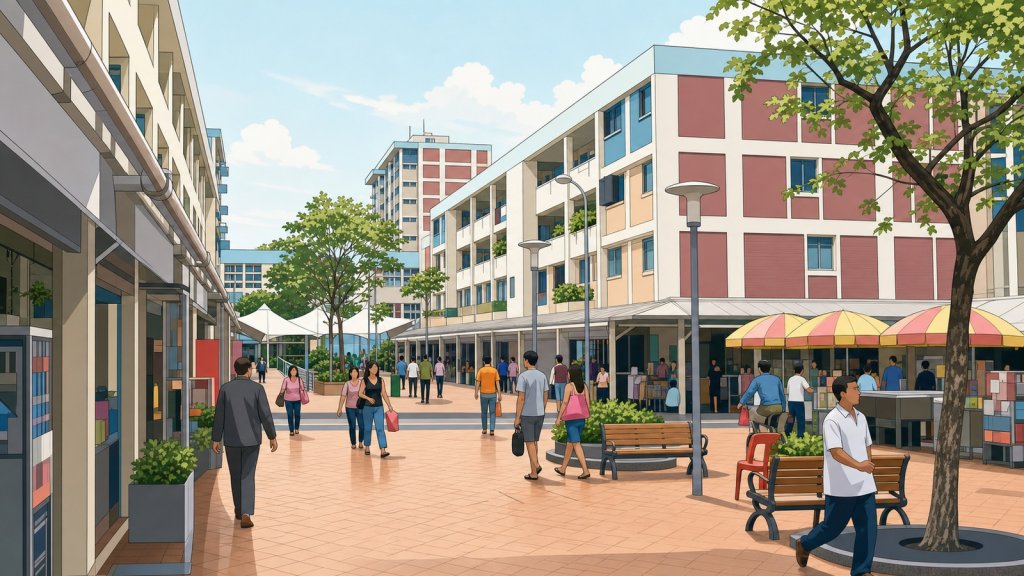 Bedok town centre plaza with shops and HDB blocks in the heart of the estate
