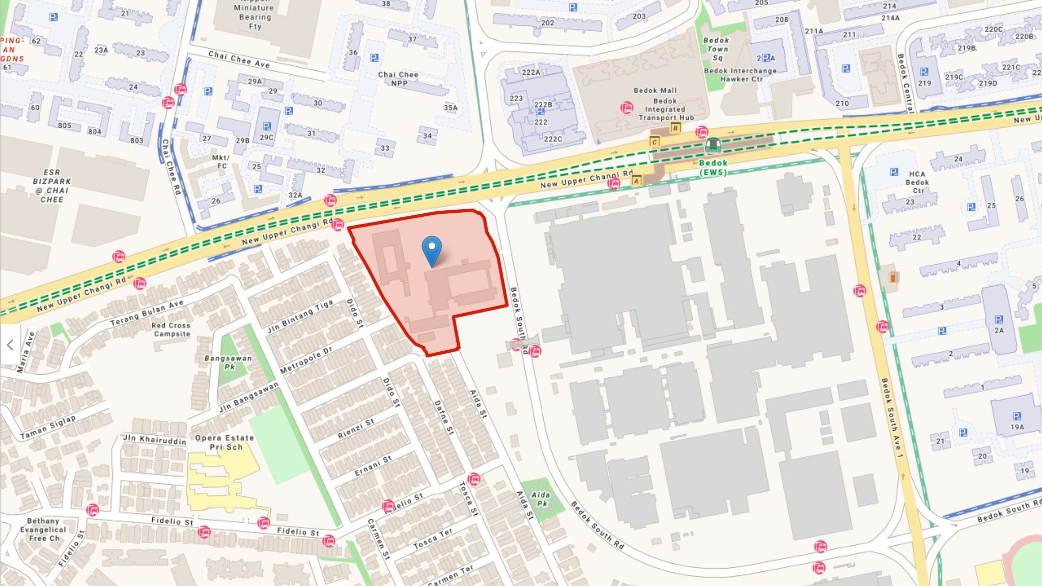 Map of the New Upper Changi Road GLS site facing Bedok MRT and the Bedok integrated transport hub