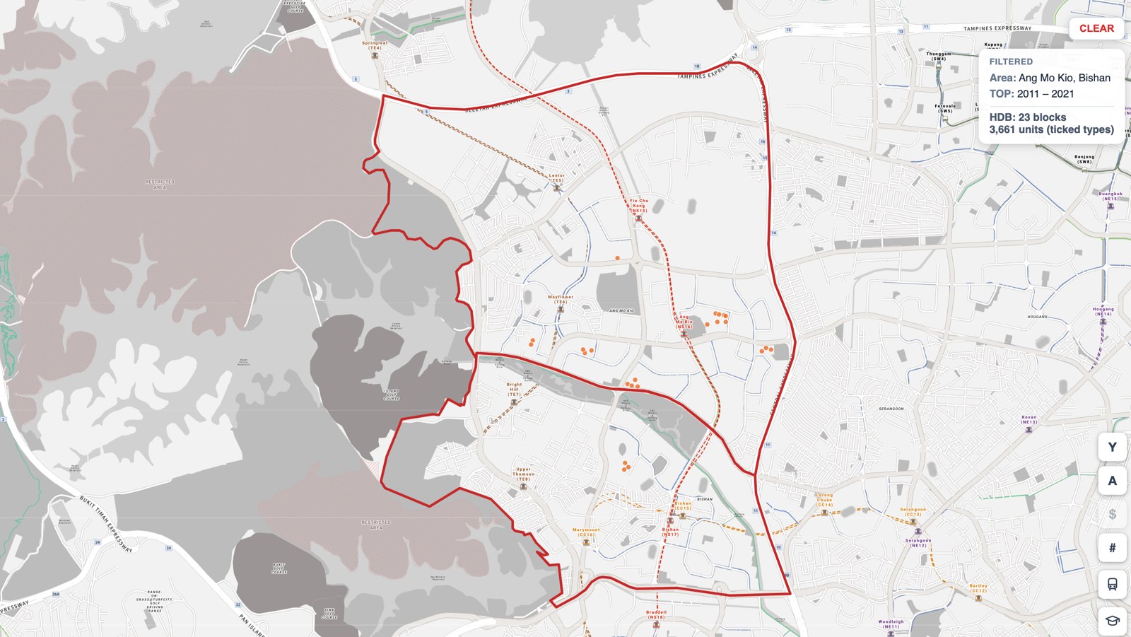 Map of the 23 HDB blocks in Bishan and Ang Mo Kio that reached MOP between 2016 and 2026, 3,661 flats