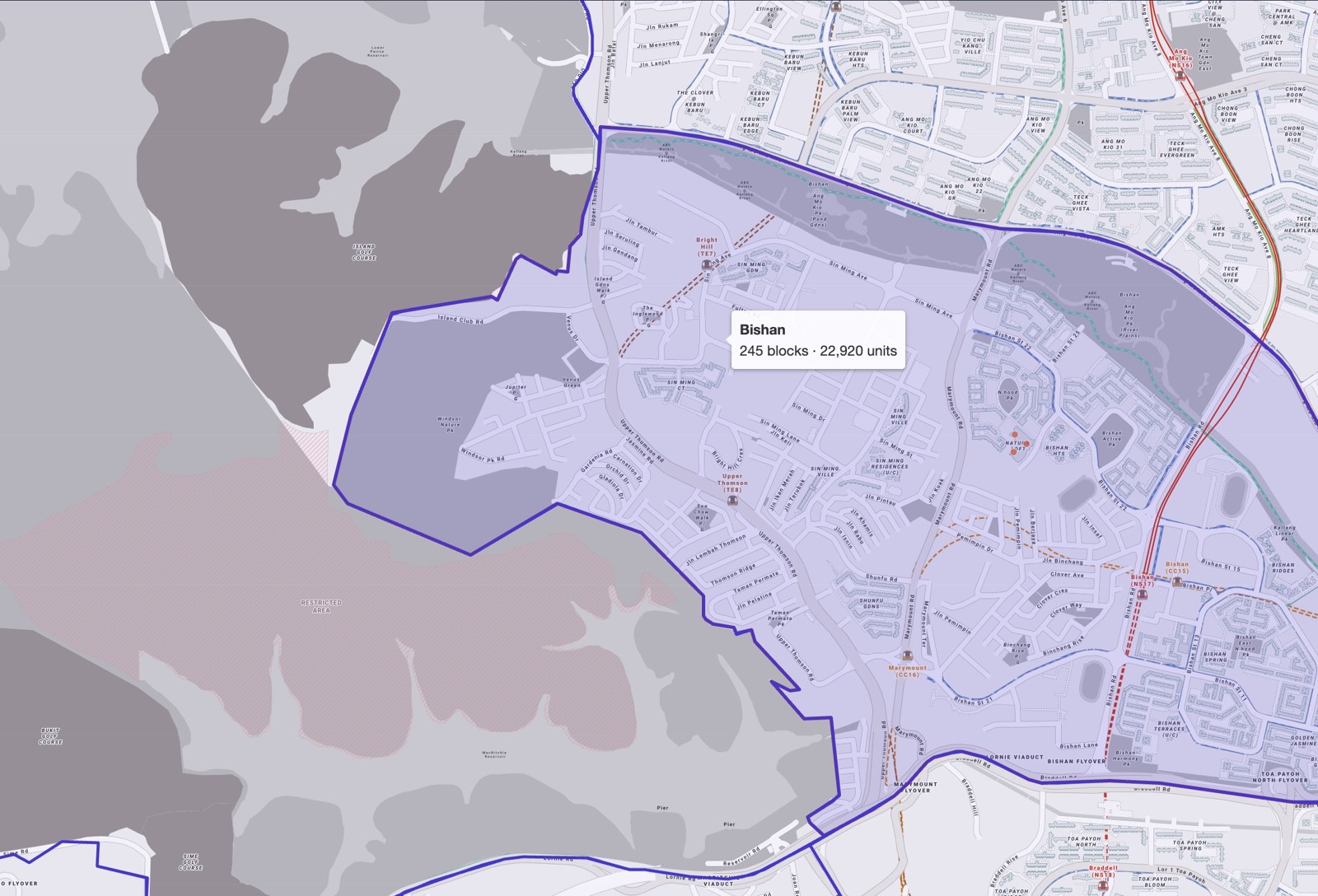 Map of the Bishan planning area, 245 HDB blocks and 22,920 flats, the town the Master Plan 2025 page covers