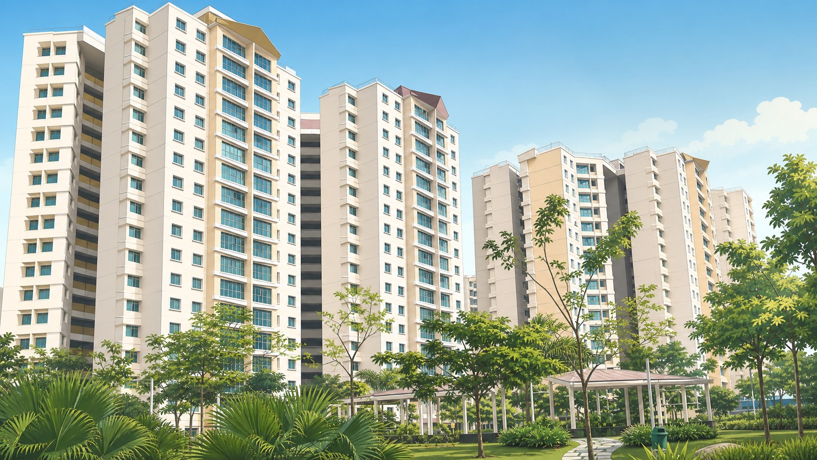 Condo towers over landscaped grounds, the completed stock a Bishan new launch has to beat
