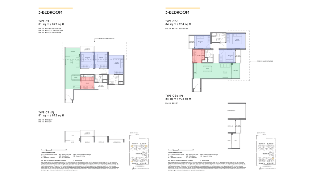 Lucerne Grand 3-bedroom floor plans: Type C1 at 872 sqft and C3a at 904 sqft