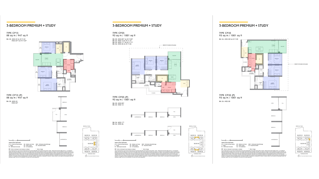Lucerne Grand 3-bedroom premium floor plans with study: CP1S at 947 sqft, CP2S and CP3S at 1,001 sqft