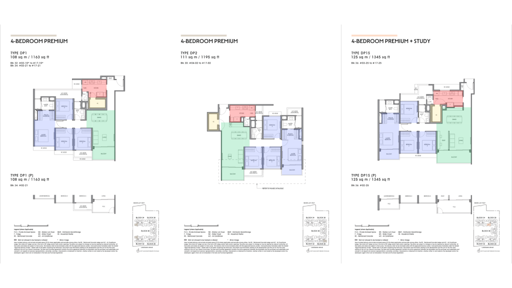 Lucerne Grand 4-bedroom premium floor plans: DP1 at 1,163 sqft, DP2 at 1,195 sqft and DP1S at 1,345 sqft with study