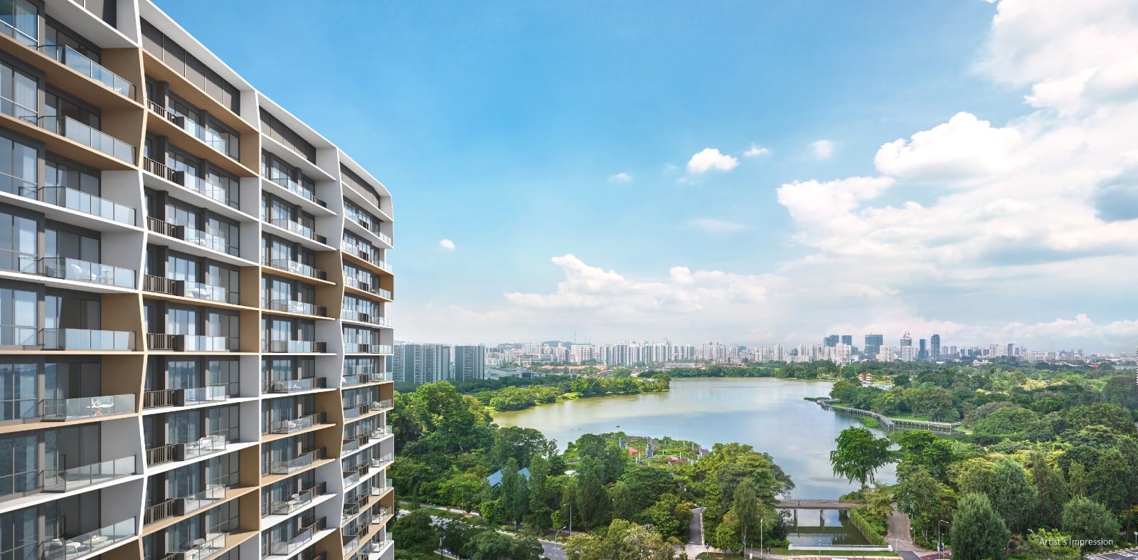 The view behind the Lucerne Grand price: balcony stacks overlooking Jurong Lake Gardens and the skyline