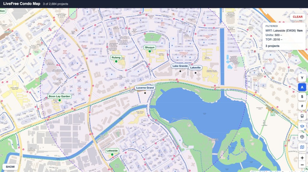 Filter the map to 1km of Lakeside MRT, 500 units or more, TOP 2016 or later, and three names remain: Lake Grande, Lakeville and Lucerne Grand