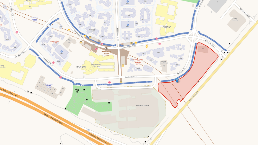 Clovelle of Woodlands site location map at Woodlands Drive 17, near Woodlands South MRT (TE3) and Woodlands Hospital, Singapore