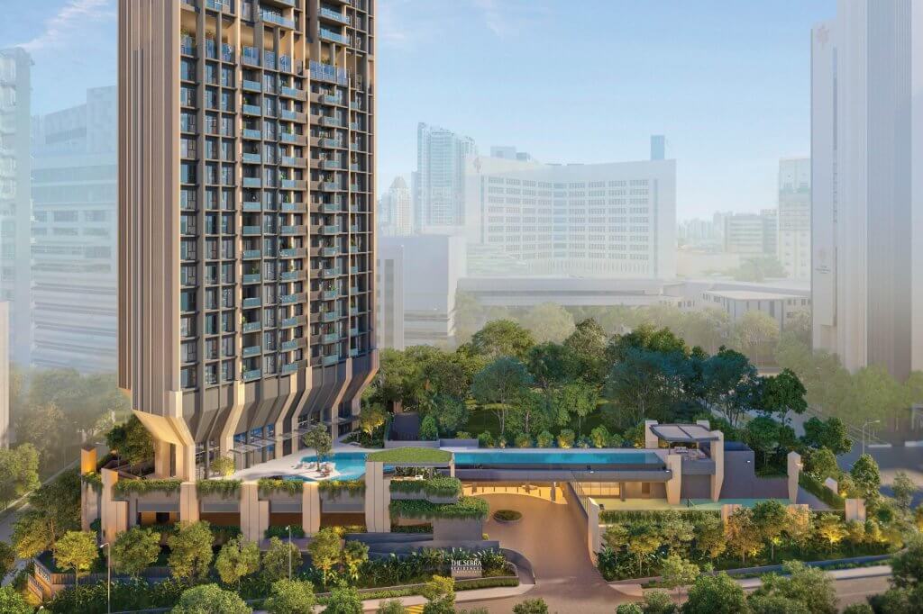 The Serra Residences tower and pool deck beside HealthCity Novena