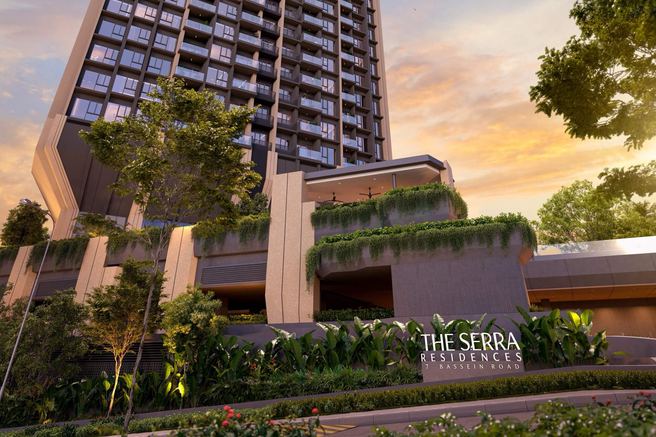 The Serra Residences entrance and tower at dusk, Bassein Road