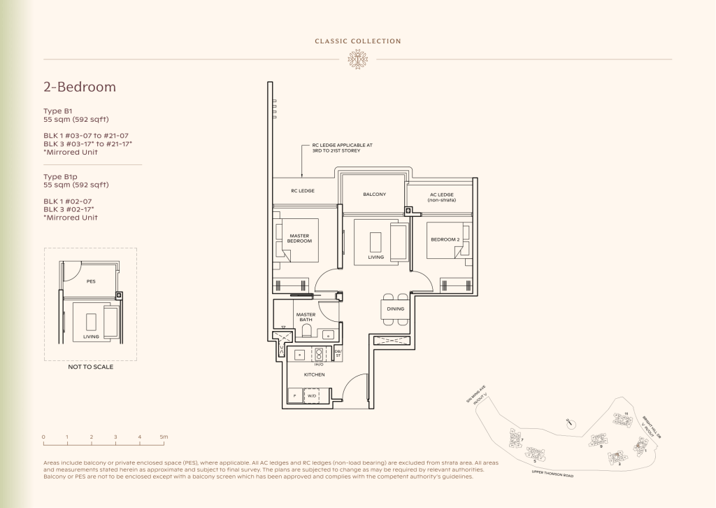 Thomson Reserve floor plan type B1, the 592 sqft 2-bedroom with a single bathroom